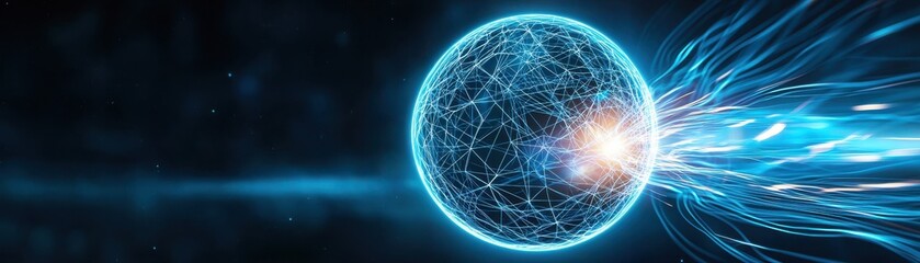 A glowing blue sphere emits bright light and energy, suggesting motion through space, symbolizing dynamic forces of the universe.