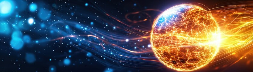 A vibrant depiction of a glowing planet surrounded by dynamic energy waves, blending blue and orange hues in a cosmic setting.