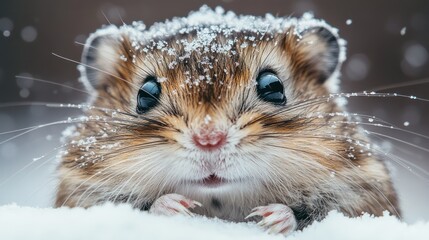 Adorable hamster covered in snow, looking directly at the camera.