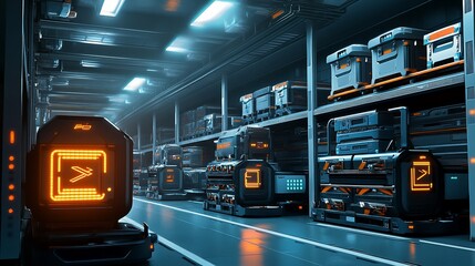 Obraz premium Futuristic storage facility with robotic systems and illuminated interfaces.