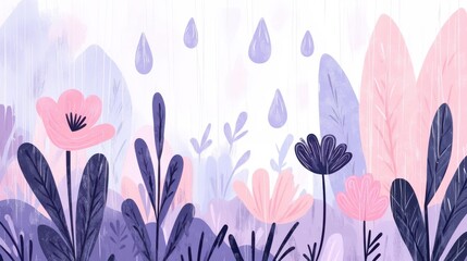 Gentle Rain, Soft Blooms: Pastel floral illustration, delicate pink and purple flowers under gentle rain. Perfect for spring, summer, or feminine designs.