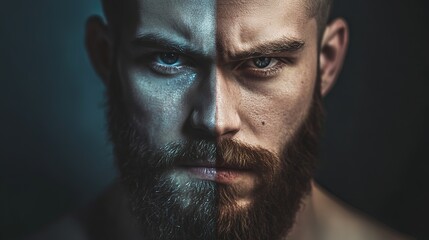 Fototapeta premium Half a Very Strong and Half a Very Weak Man, Symbolizing the Contrast Between Power and Fragility