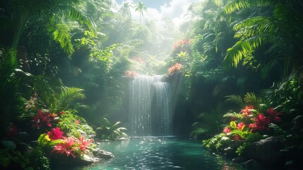 Fototapeta premium Lush jungle waterfall, vibrant flowers, serene pool.