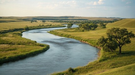 Serene River Winding Through Lush Prairie Landscape