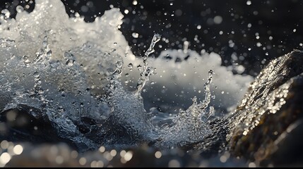 Waves crashing against the shore, creating water splashes that capture the raw power of the ocean.