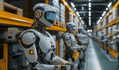Fototapeta premium Robotic figures in a warehouse setting, showcasing automation and efficiency.
