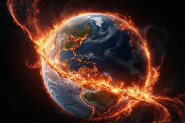 Obraz premium Burning planet Earth engulfed in flames, global warming concept.