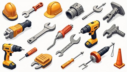 Naklejka premium Construction Tools Isometric Drills Wrenches Hard Hats More