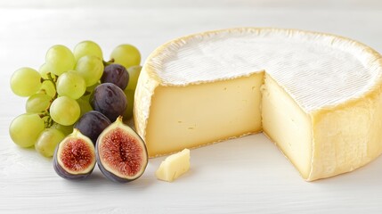 A round cheese wheel with a slice cut out, accompanied by fresh green grapes and sliced figs on a white surface.