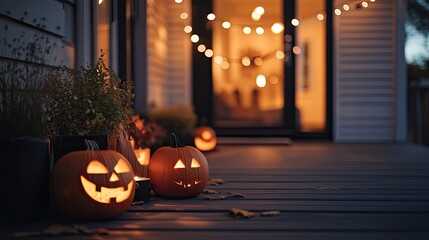 Obraz premium Lit jack-o'-lanterns on a porch at night.