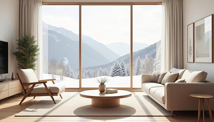 Modern Living Room Snowy Mountain View Cozy Interior Design