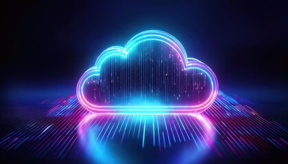 A vibrant neon cloud symbolizes digital storage and connectivity, illuminated with data streams against a dark backdrop.