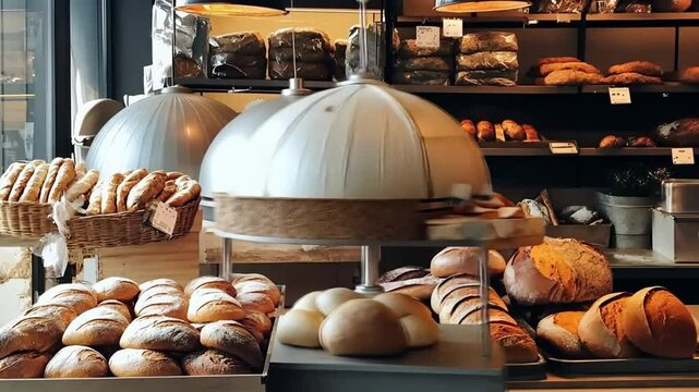 Freshly baked bread and pastries in a cozy bakery shop interior