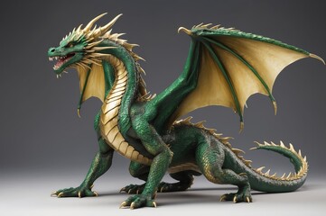 Fototapeta premium Green dragon with gold accents, wings spread, fantasy creature.