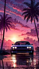 Car on the road anime style, car wallpaper 