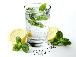 Fototapeta premium Refreshing chia water with lemon and mint clear glass beverage minimalist setting close-up healthy drink concept