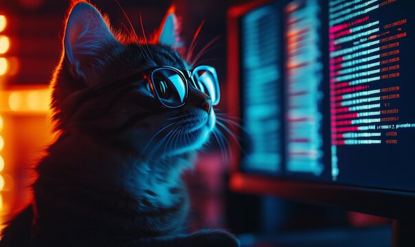 A cat wearing glasses sits beside a computer screen displaying code.