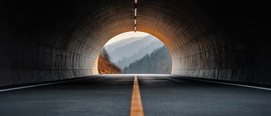 A dark tunnel opens to a scenic view of mountains and a clear sky, featuring a solitary road marked by a yellow line.