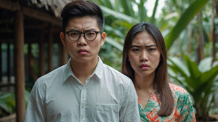 Naklejka premium A couple wearing beachwear looks angry at the camera