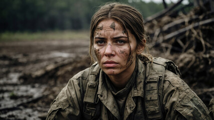 a woman in a military uniform who looks tired