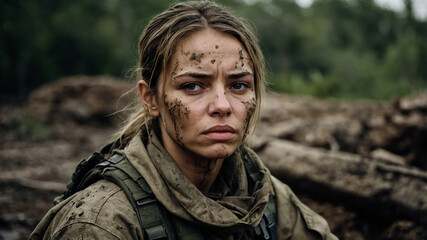 Fototapeta premium a woman in a military uniform who looks tired