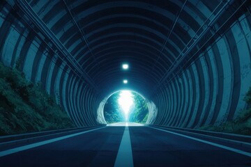 A dark tunnel illuminated by bright light at the end, surrounded by lush greenery, creating a sense...