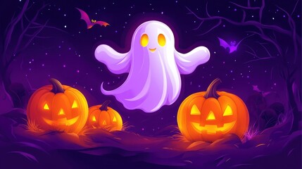 Happy Halloween Ghost: A friendly, smiling ghost floats among glowing jack-o'-lanterns in a whimsical Halloween night scene.  The purple sky shimmers with stars,  while bats flit above.