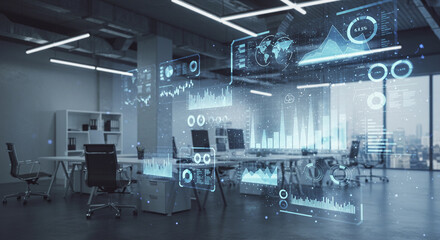 Modern Office with Futuristic Holographic Data Interface