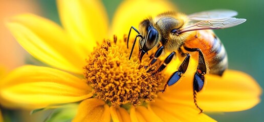 A close-up of a bee pollinating a vibrant yellow flower.