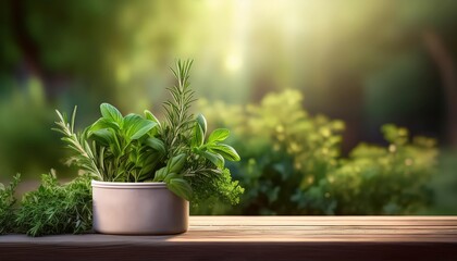 Fototapeta premium A sunlit scene featuring vibrant greenery in a white planter, set on a wooden table, evoking tranquility and a connection to nature.