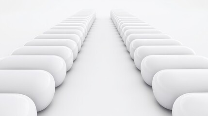 Obraz premium A minimalistic perspective view of aligned, glossy white shapes on a bright surface, creating a sense of depth and symmetry.
