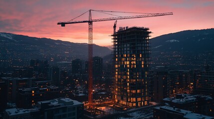 Fototapeta premium A construction site at sunset with a crane and illuminated building.