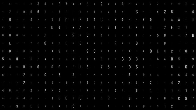 Seamless loop of computer-generated animation featuring white hexadecimal code characters floating dynamically on black background. Perfect for tech, cybersecurity, or coding themes