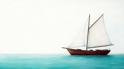 Fototapeta premium A serene sailing boat glides through calm turquoise waters under a clear sky, creating a tranquil and peaceful scene.