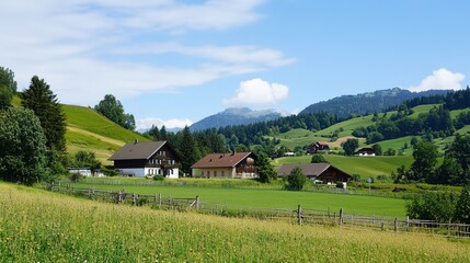 Obraz premium Beautiful Dairy Farm with a Charming House, Surrounded by Lush Green Fields and Scenic Views