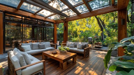 Luxurious outdoor patio with wooden furniture, glass roof, and lush garden view.