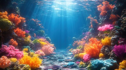 Obraz premium Vibrant coral reef, sunlit underwater scene.