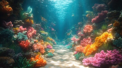 Naklejka premium Vibrant coral reef, sunlit ocean floor.