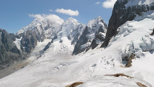 Aerial of Glaciers and Snow-Capped Mountains in Trapecio Pass of Huayhuash Trek near Huaraz, Fly-Over