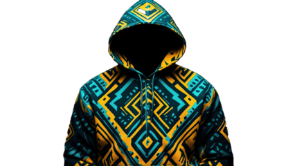 A hoodie with an Aztec-inspired pattern in turquoise and yellow