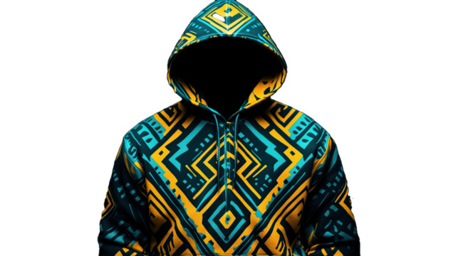A hoodie with an Aztec-inspired pattern in turquoise and yellow