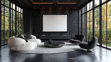 Modern Dark Living Room Interior Design With Large Windows