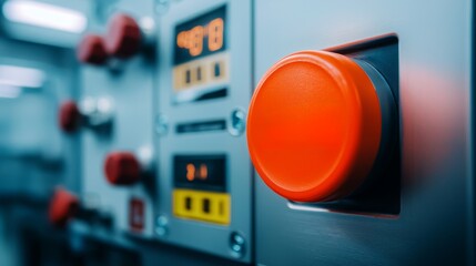 Safety guidelines for manufacturing. Control panel with an orange button and digital displays.