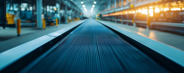 Obraz premium Manufacturing on raw material supply. Conveyor belt in a modern industrial warehouse setting