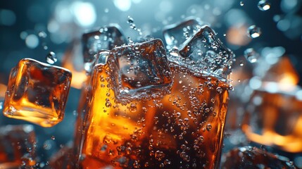 Iced beverage with splashing ice cubes.