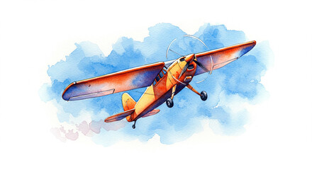 Watercolor Painting of a Vintage Airplane in Flight Sky Background