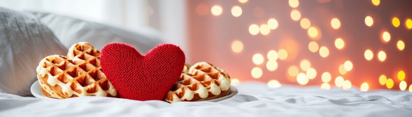 Valentine love-filled day. Plate of waffles with a heart-shaped decoration.