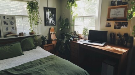 Fototapeta premium Sunlit bedroom with plants, desk, and bed.