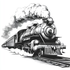 Steaming train, black and white illustration on white background.