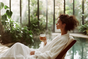 Young woman relaxing in bathrobe drinking herbal tea by indoor pool in luxury spa